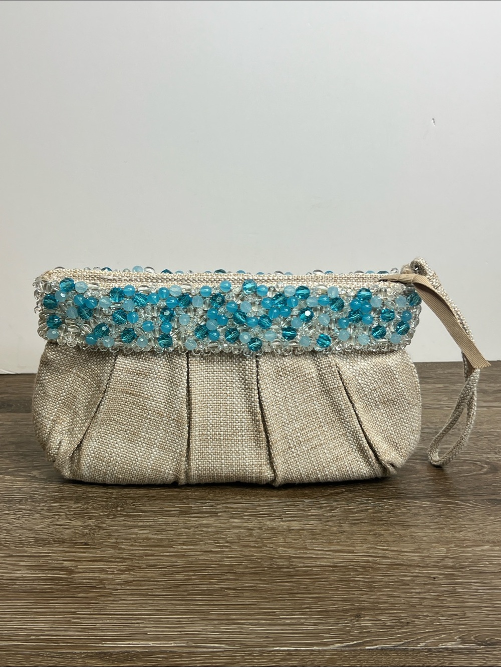 Banana Republic Hand Beaded Burlap Clutch Wristlet Bag Blue Crystal Embellished